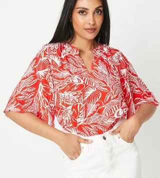 Petite Red Floral Flute Sleeves Top