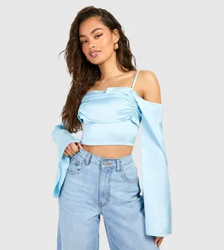 Satin Drape Flare Sleeves Corset Top
