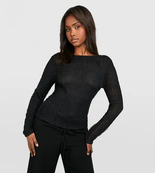Textured Sheer Cowl Back Long Sleeves Top