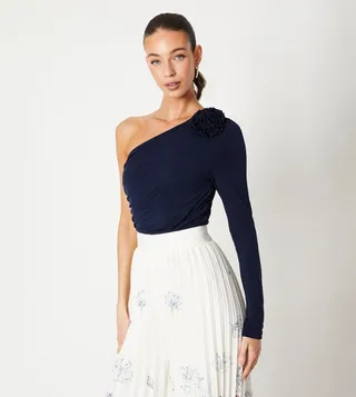3D Rosette One Shoulder Jersey Bodysuit Top