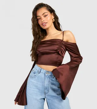 Satin Drape Flare Sleeves Corset Top