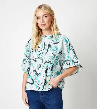 Petite Marble Print Oversized Frill Cuff Top