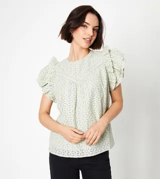 Broderie Lace Trim Ruffle Sleeves Top