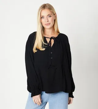 Petite Crinkle Viscose Tie Waist Top
