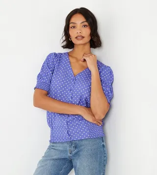 Polka Dots Button Through Short Sleeves Top