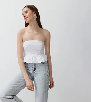 Flounce Poplin Strapless Crop Bustier Top