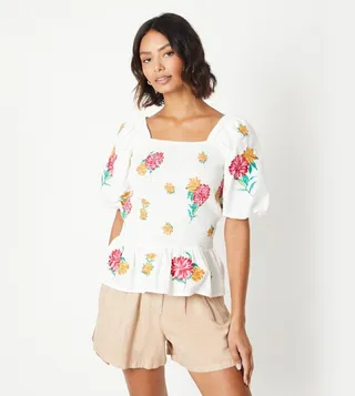 Floral Embroidered Shirred Top