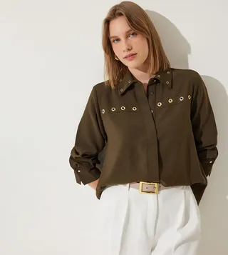 Eyelet Detail Crop Shirt