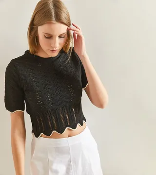 Openwork Crew Neck Crop Top