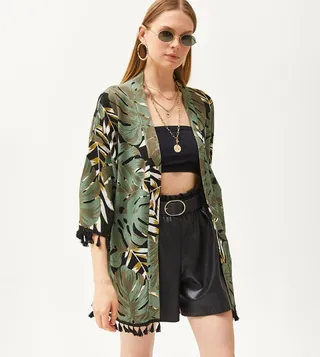 Palm Printed Tasseled Knitted Kimono