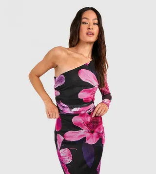 Tall Floral Print Mesh One Shoulder Bodysuit Top