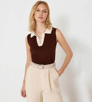Solid Polo Neck Sleeveless Top