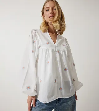 Embroidered Lined Linen Top
