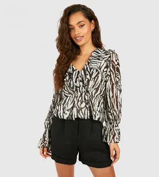 Zebra Satin Ruffle Blouse