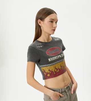 Printed Crew Neck Crop T-Shirt