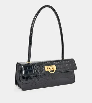 Textured Flap Over Rectangle Shoulder Bag with Push Lock