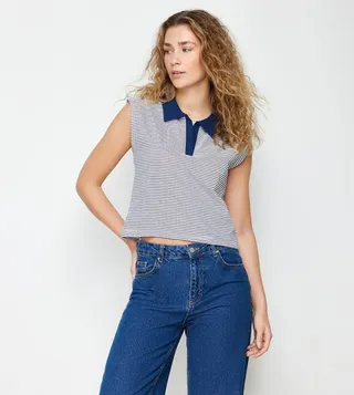 Striped Sleeveless Crop Polo T-Shirt
