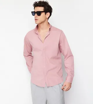 Solid Rolled Sleeves Slim Fit Shirt