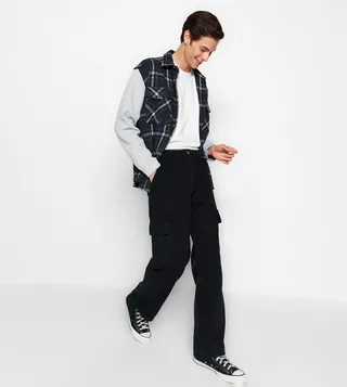 Wide Leg Cargo Pockets Denim Trouser