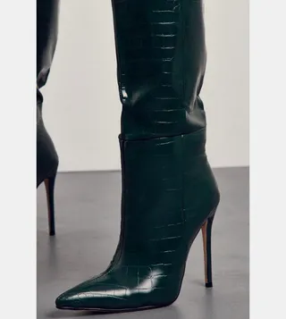 Leather Look Croc Print Pointed Toe Knee High Boots