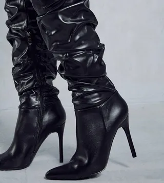 Leather Look Ruched Heeled Boots