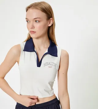 Printed Polo Neck Crop Top