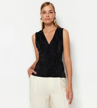 Pleated V-Neck Sleeveless Top