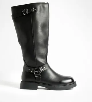 Harness Pull On Buckle Detail Square Toe Biker Boots