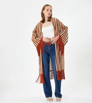 Striped Tassel Trim Kimono