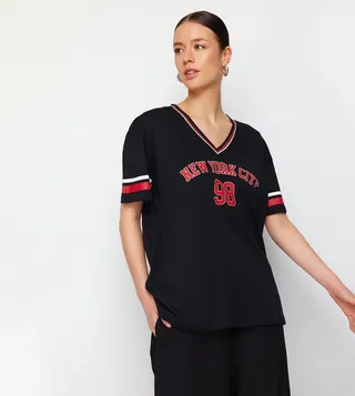 Printed V-Neck Oversized T-Shirt
