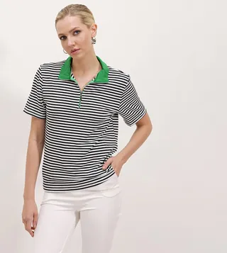 Striped Half-Zipper Polo T-Shirt