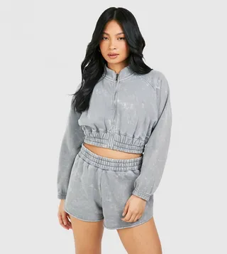 Petite Washed Cropped Tracksuit Set