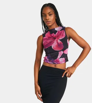 Tall Floral Print Mesh Sleeveless Top