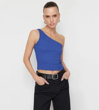 Solid One Shoulder Stretchable Crop Top