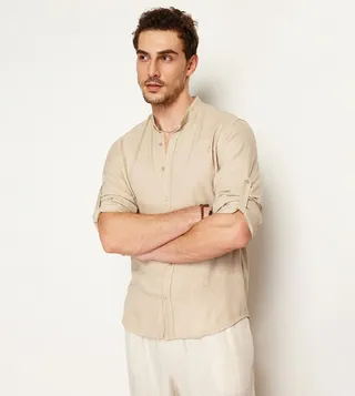 Solid Slim Fit Long Sleeves Linen Shirt