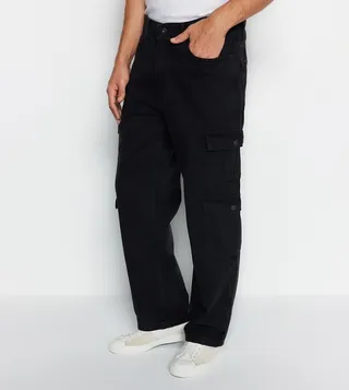 Solid Loose Fit Cargo Pockets Denim Jeans