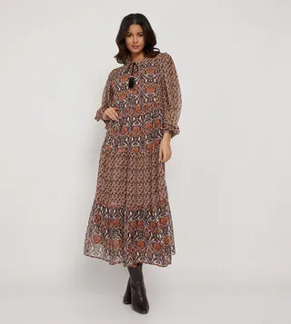 Printed Tie-Up Neck Tiered Dress