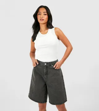 Petite Acid Wash Longline Denim Jorts