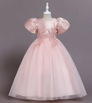 Puff Sleeve Long Tulle Pearl Dress