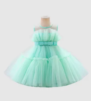 Girl's Bow Front Ruffle Hem Mesh Gown Dress