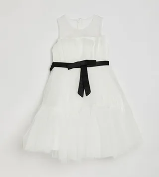 Girl's Bow Front Ruffle Hem Mesh Gown Dress