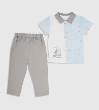  Babygrow Little Boat Embroidered Polo T-Shirt and Pant Set