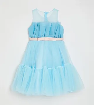 Girl's Bow Front Ruffle Hem Mesh Gown Dress