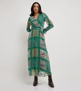 Patterned Belted Flared Maxi Dress