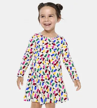 Girl's Christmas Lights Print Long Sleeves Dress