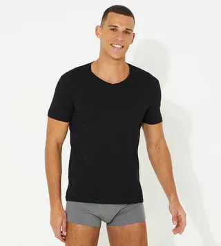 Solid V-Neck T-Shirt with Contrast Back Logo