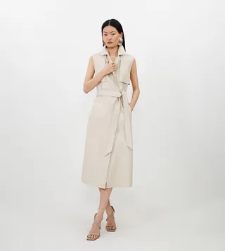 Leather Sleeveless Belted Storm Flap Detail Trench Coat