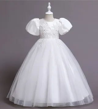 Puff Sleeve Long Tulle Pearl Dress