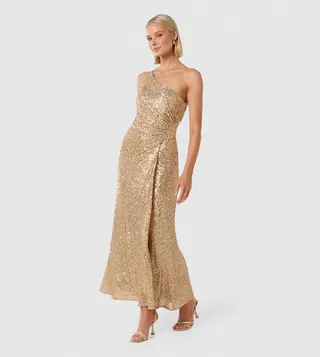 CAROLYN Sequined Asymmetric Shoulder Gown