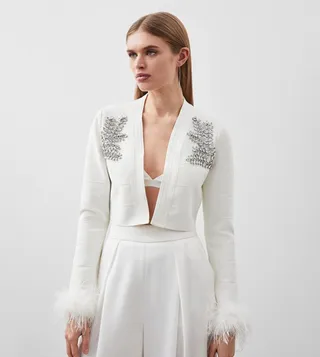 Figure Form Bandage Embellished Feather Cuff Crop Knit Jacket